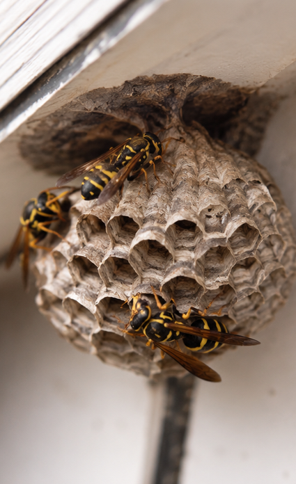 Nid de guêpes sous un rebord, avec plusieurs guêpes